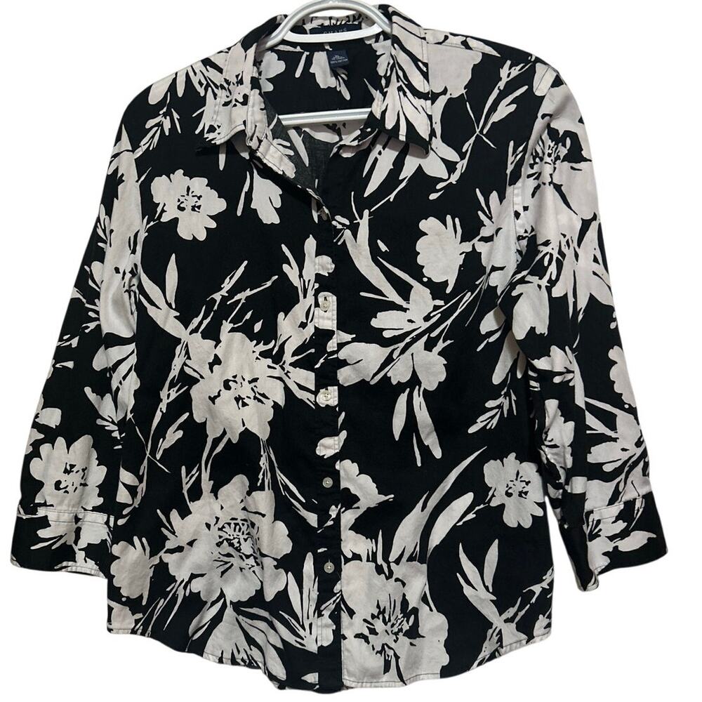 Chaps Est. 1978‎ Black White Floral Long Sleeve Button Front Blouse Size XL